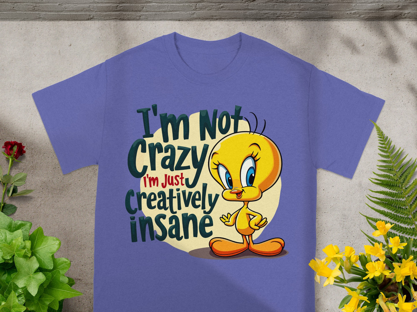 Purple t-shirt with Tweety Bird and "I'm Not Crazy I'm Just Creatively Insane" text.