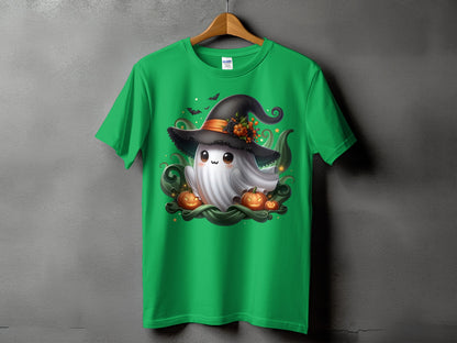 Green t-shirt with Halloween ghost, pumpkins, and bats graphic design.