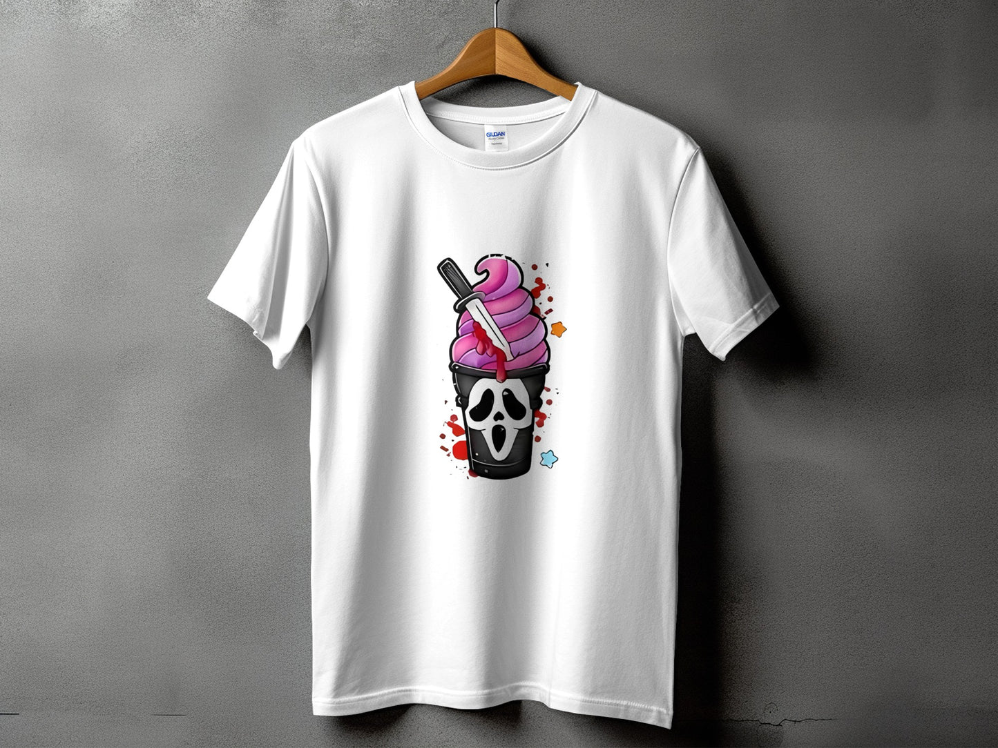 White t-shirt with ghost face ice cream and knife graphic.