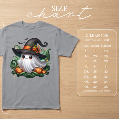 Gildan 5000 Heavy Cotton T-shirt size chart with ghost graphic.