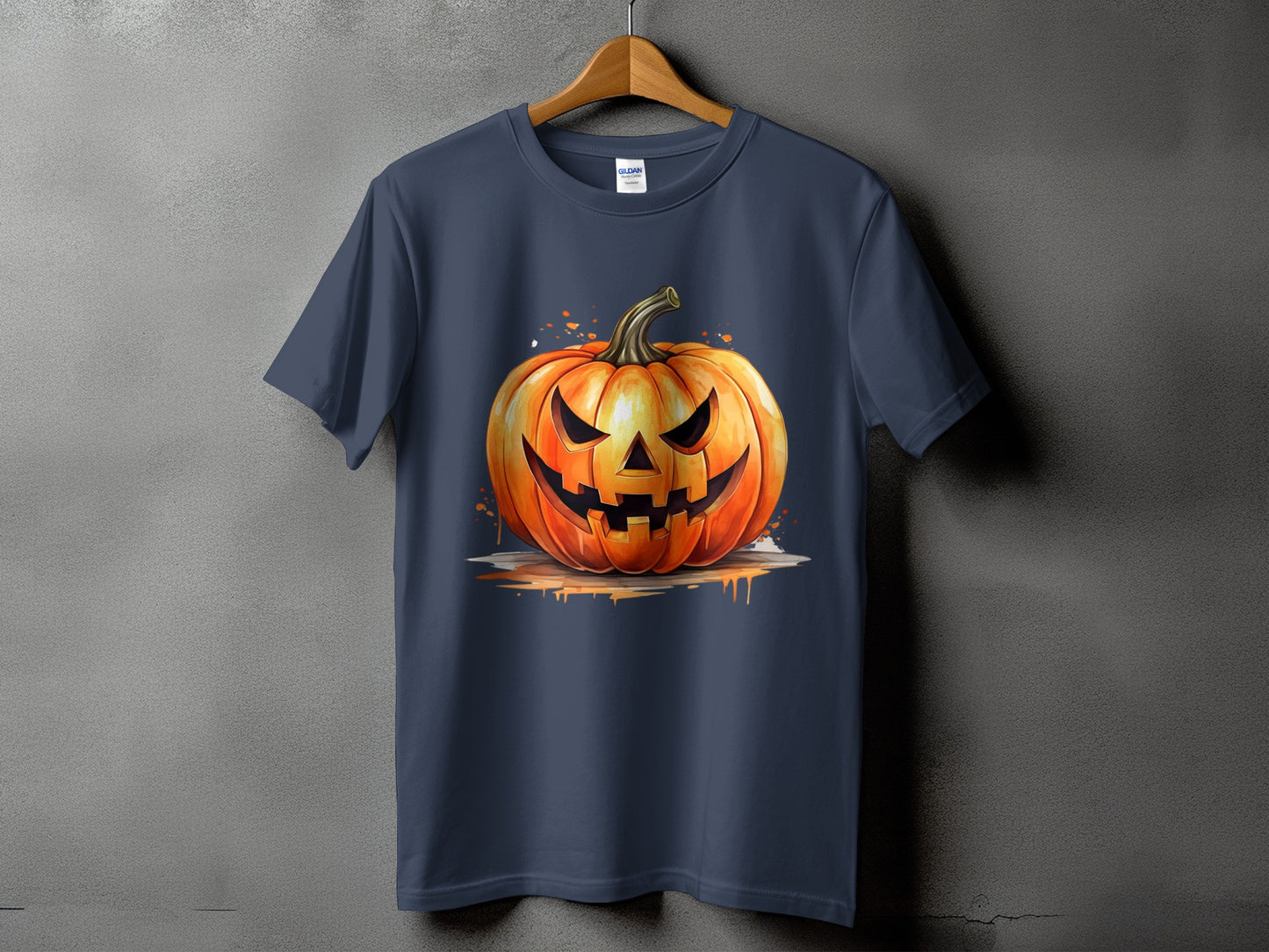 Navy t-shirt with a watercolor jack-o'-lantern graphic.