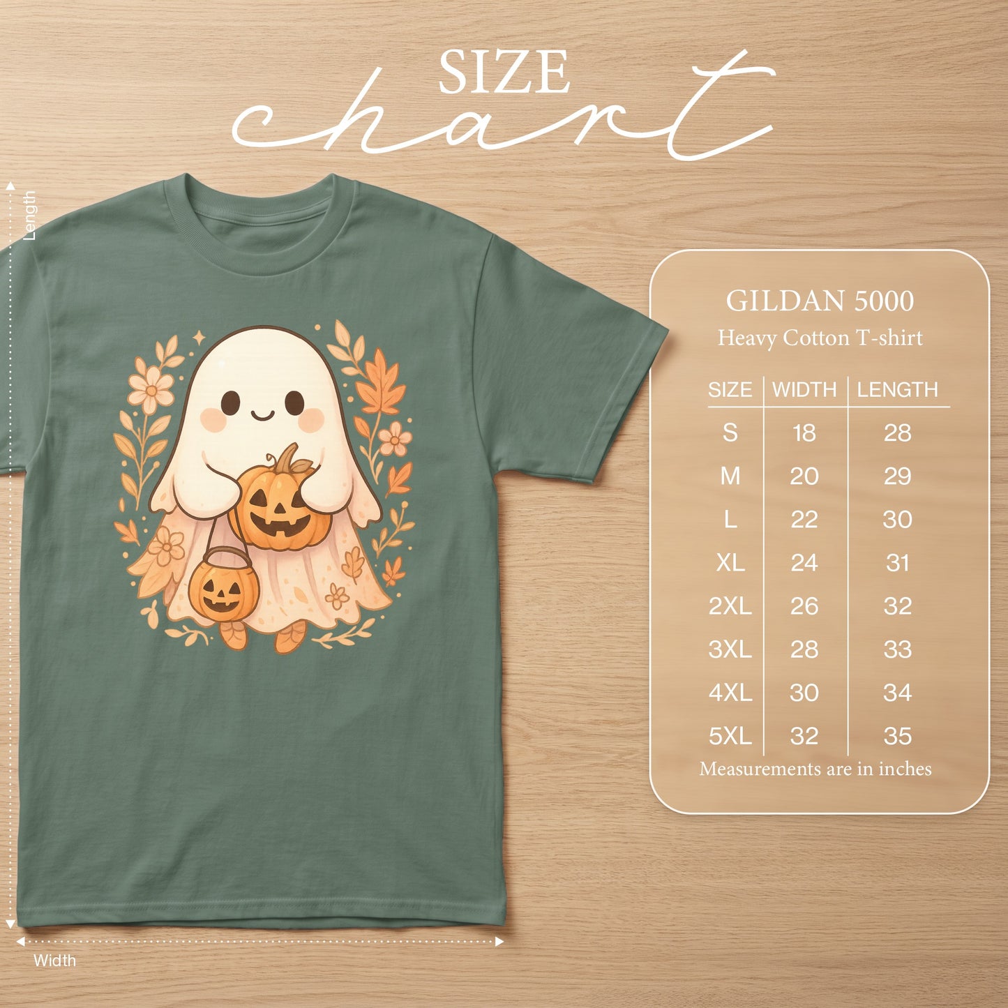 T-shirt size chart showing ghost with pumpkins and flowers design, Gildan 5000.