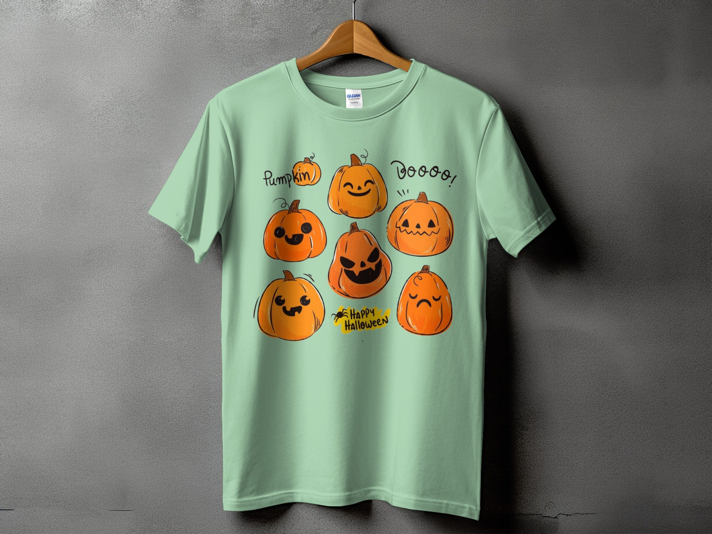 Light green t-shirt with seven cartoon pumpkins and "Happy Halloween" text.