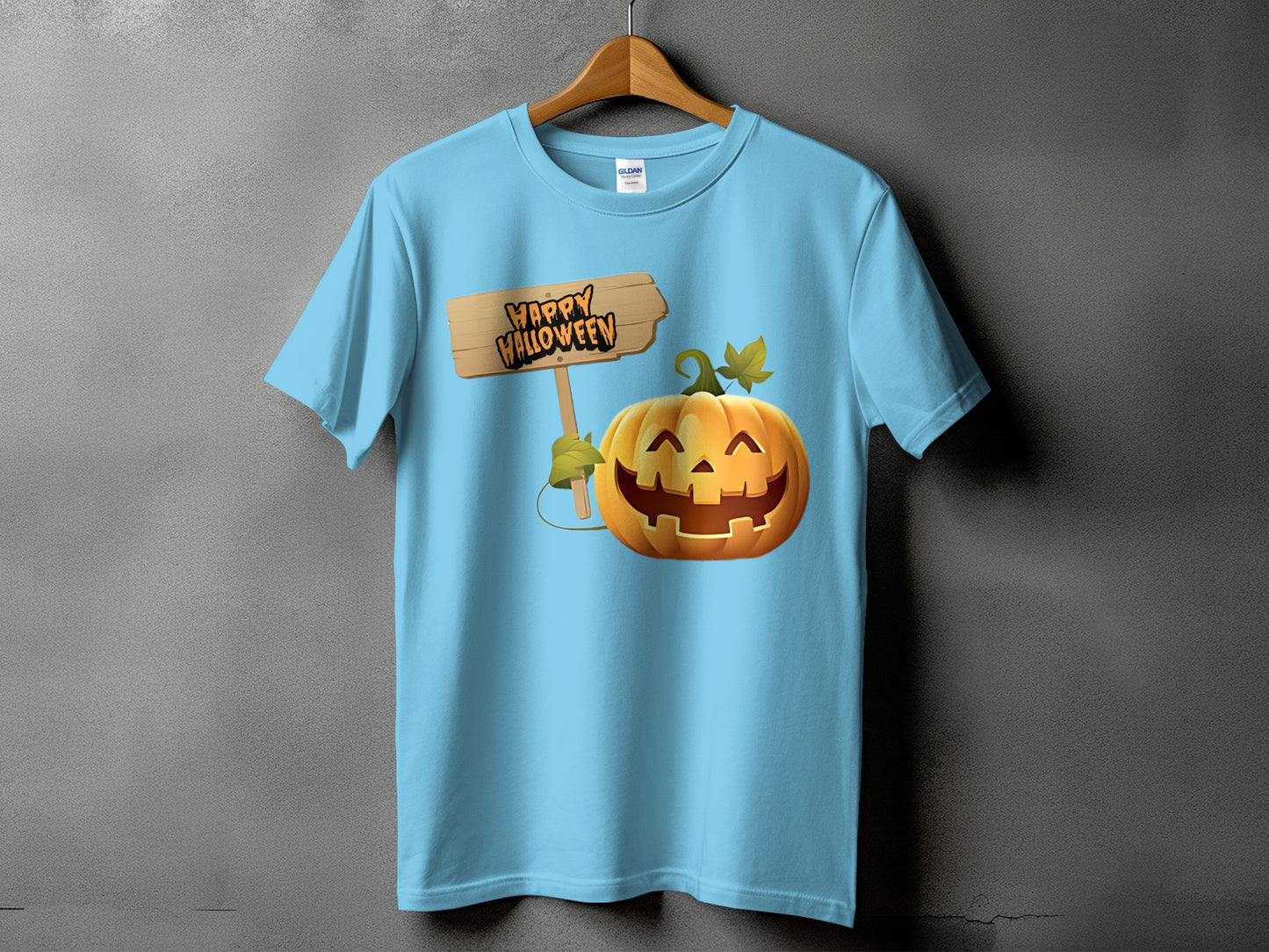 Light blue t-shirt with jack-o'-lantern and "Happy Halloween" sign graphic.