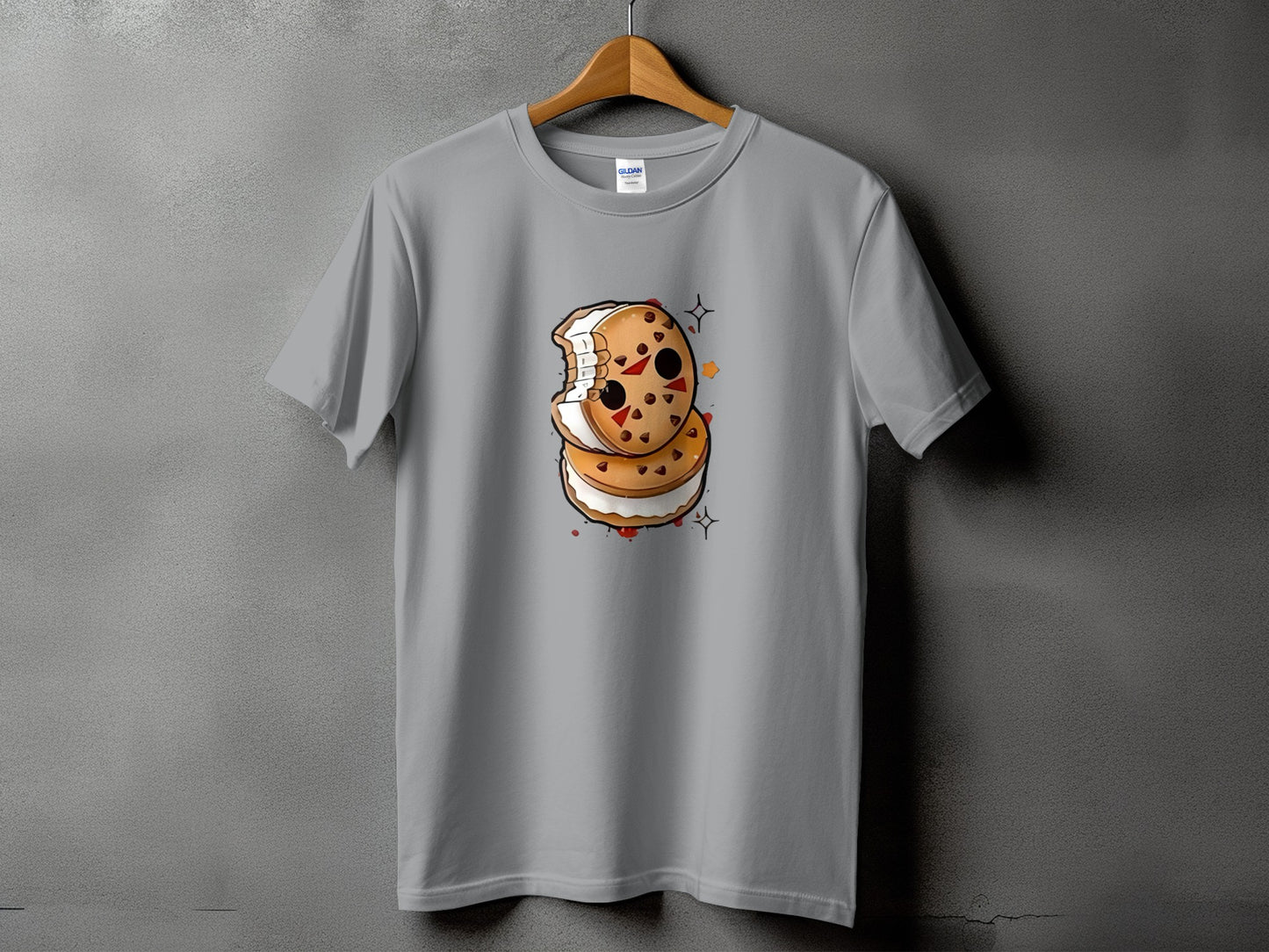 Gray t-shirt with a cartoon cookie sandwich design, slightly biting.