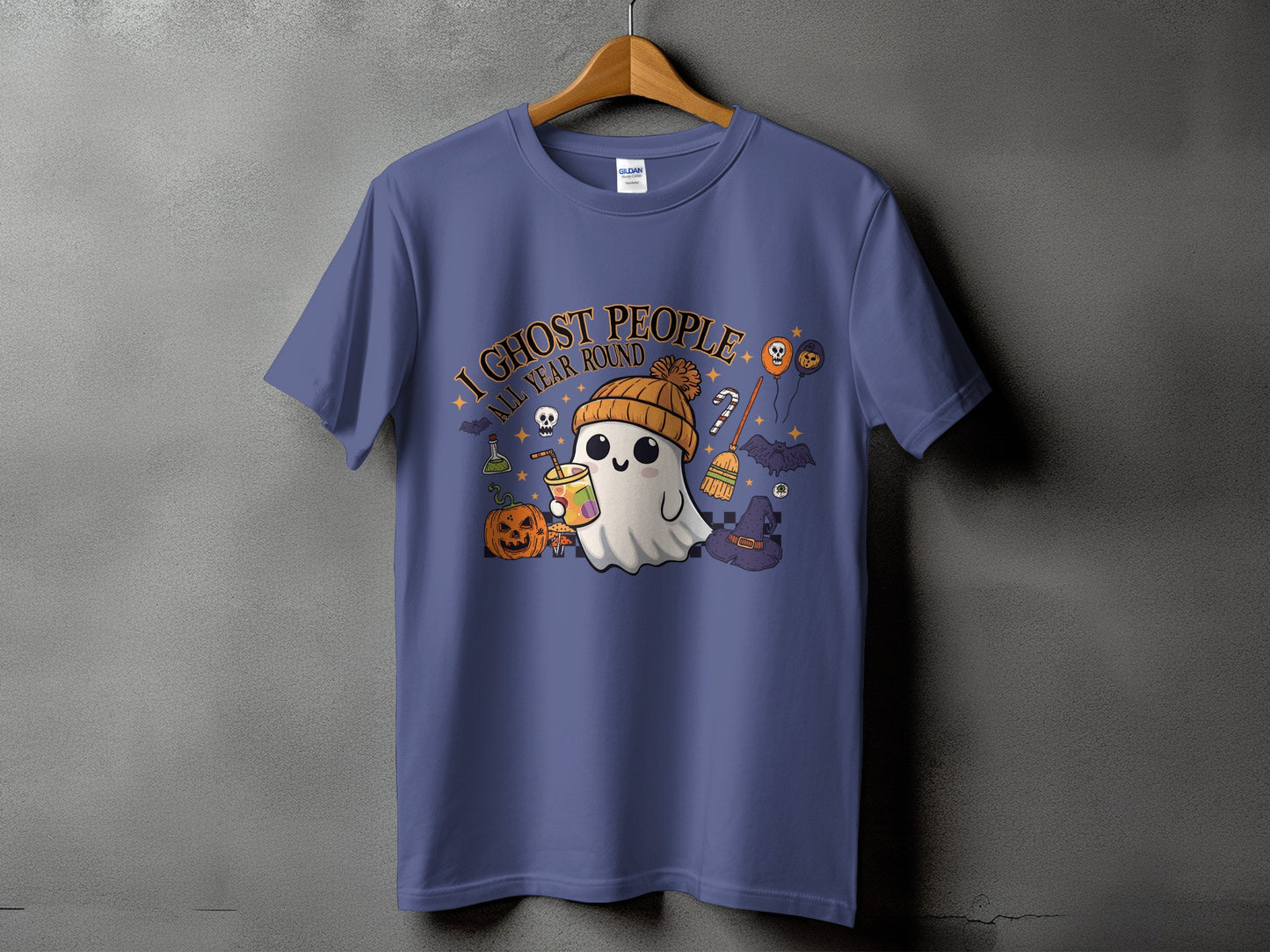 Ghost wearing hat holding drink with text "I Ghost People All Year Round"