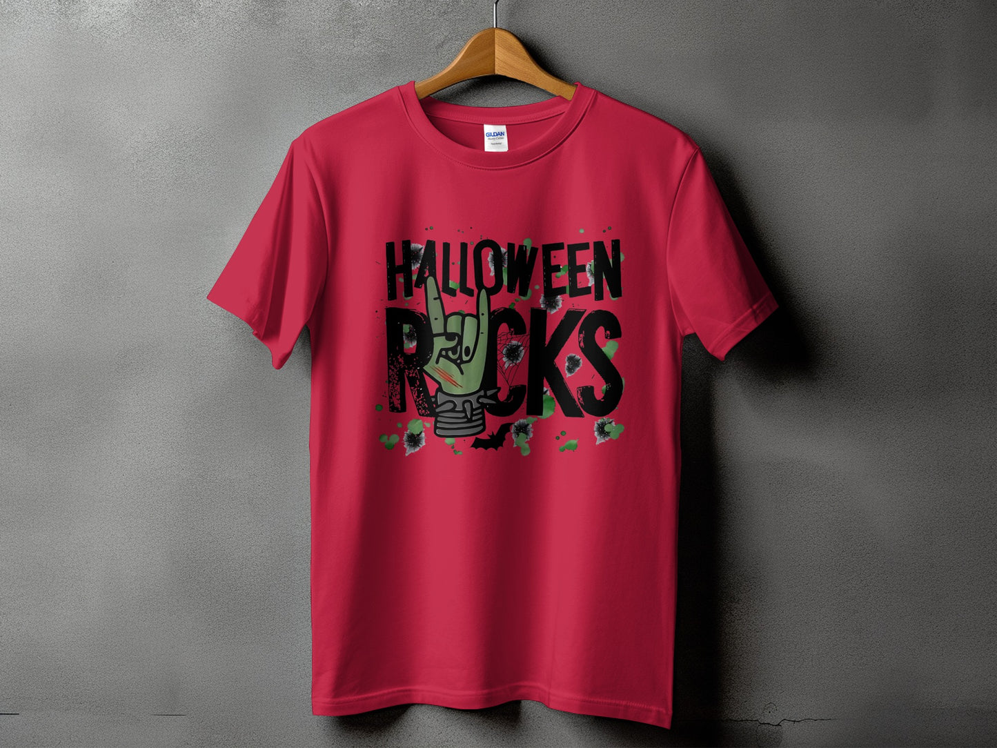 Red t-shirt with "Halloween Rocks" text and a green zombie hand.