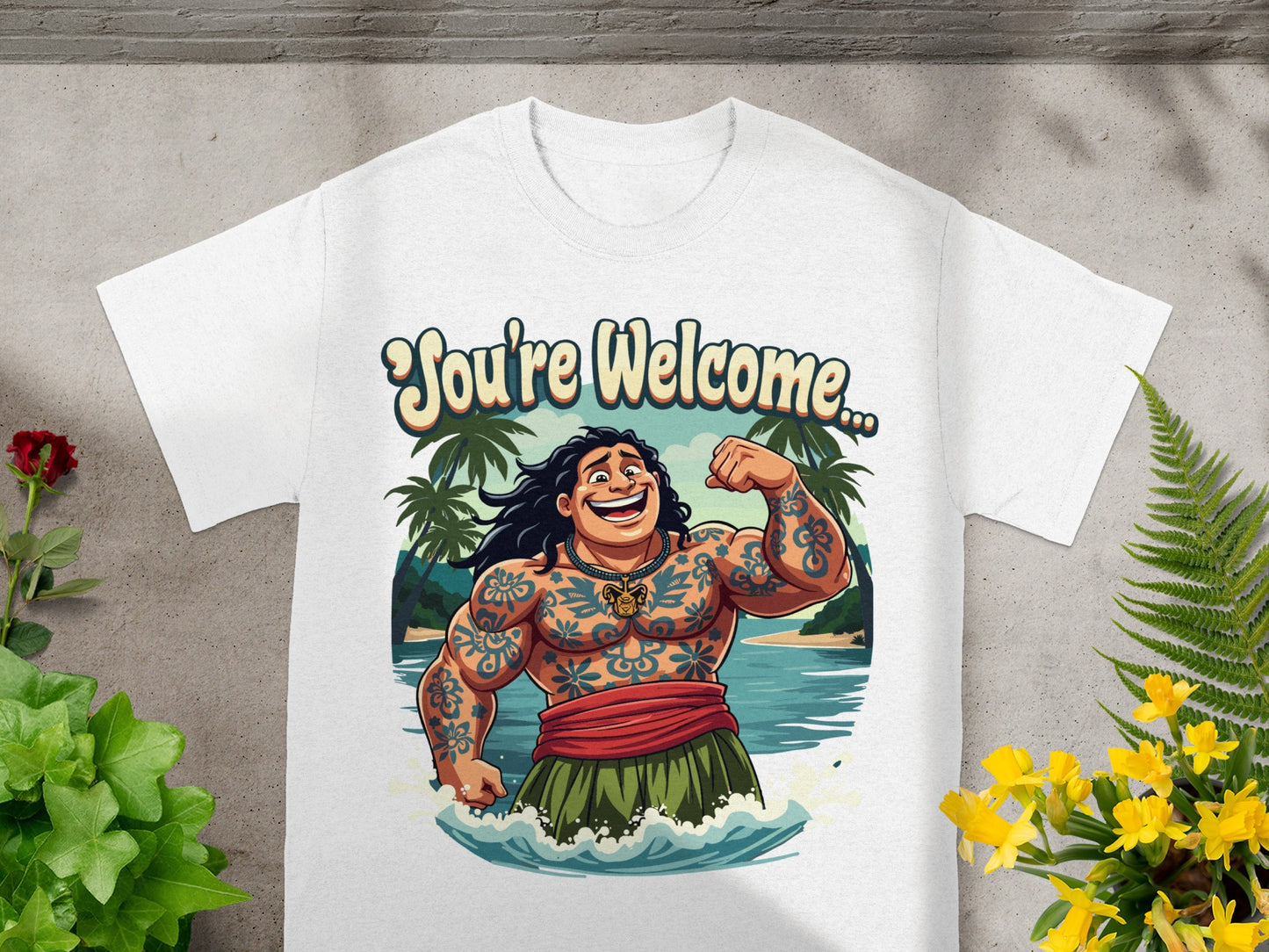 Cartoon man with tattoos in water with text "You're Welcome..."