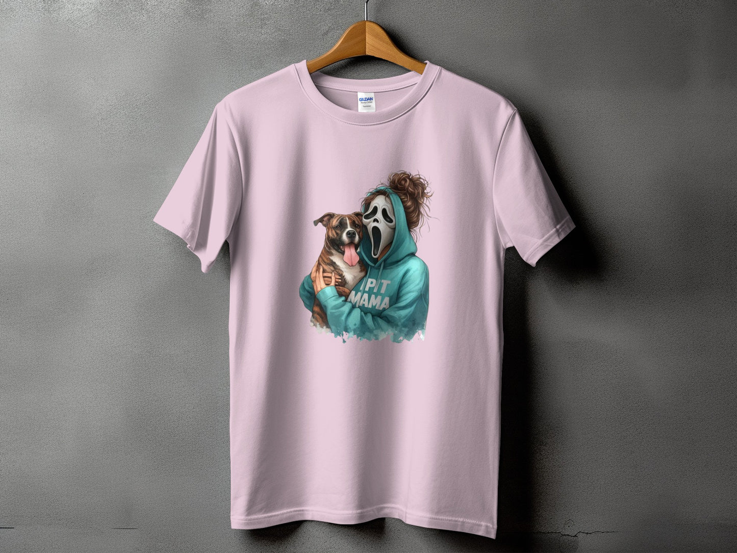 Pink t-shirt featuring Ghostface mask figure holding a pit bull with "PIT MAMA" text.