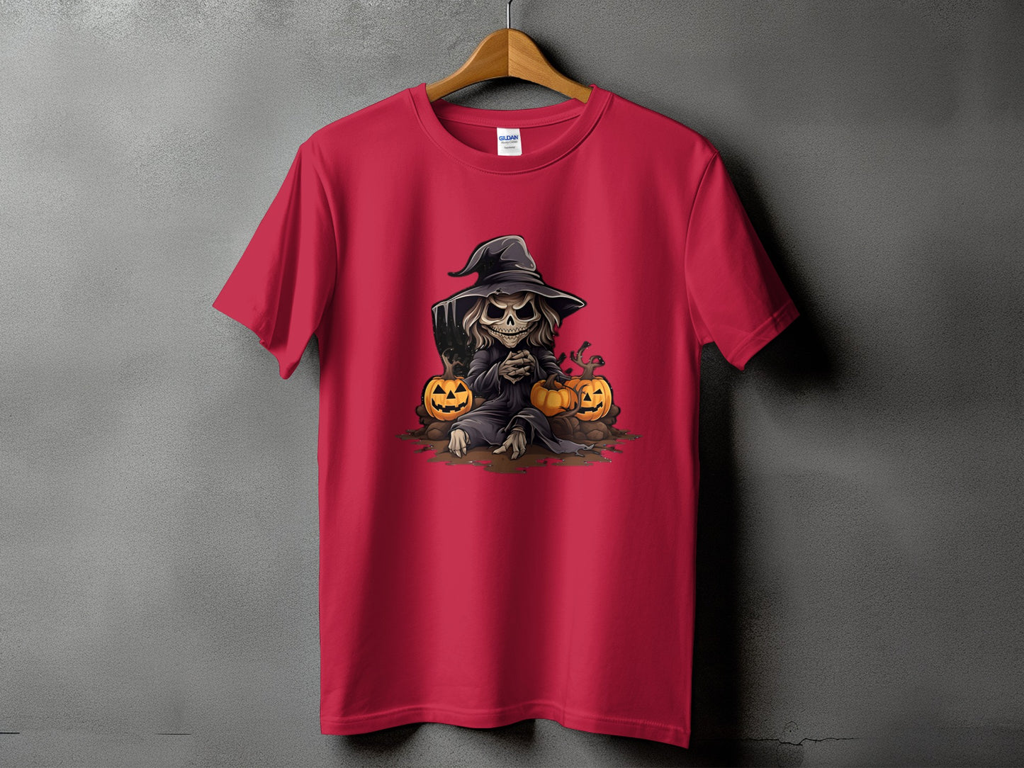 Grim reaper with pumpkins graphic on a red t-shirt.