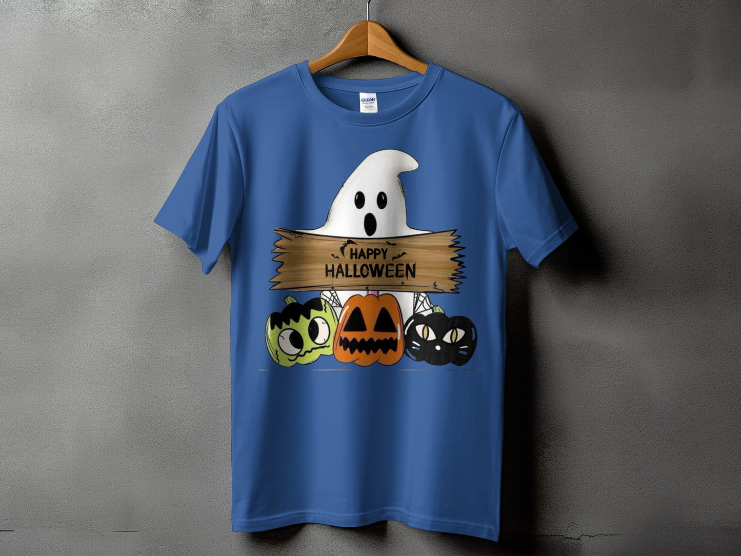 Blue t-shirt with ghost, pumpkins, black cat, and "Happy Halloween" text.