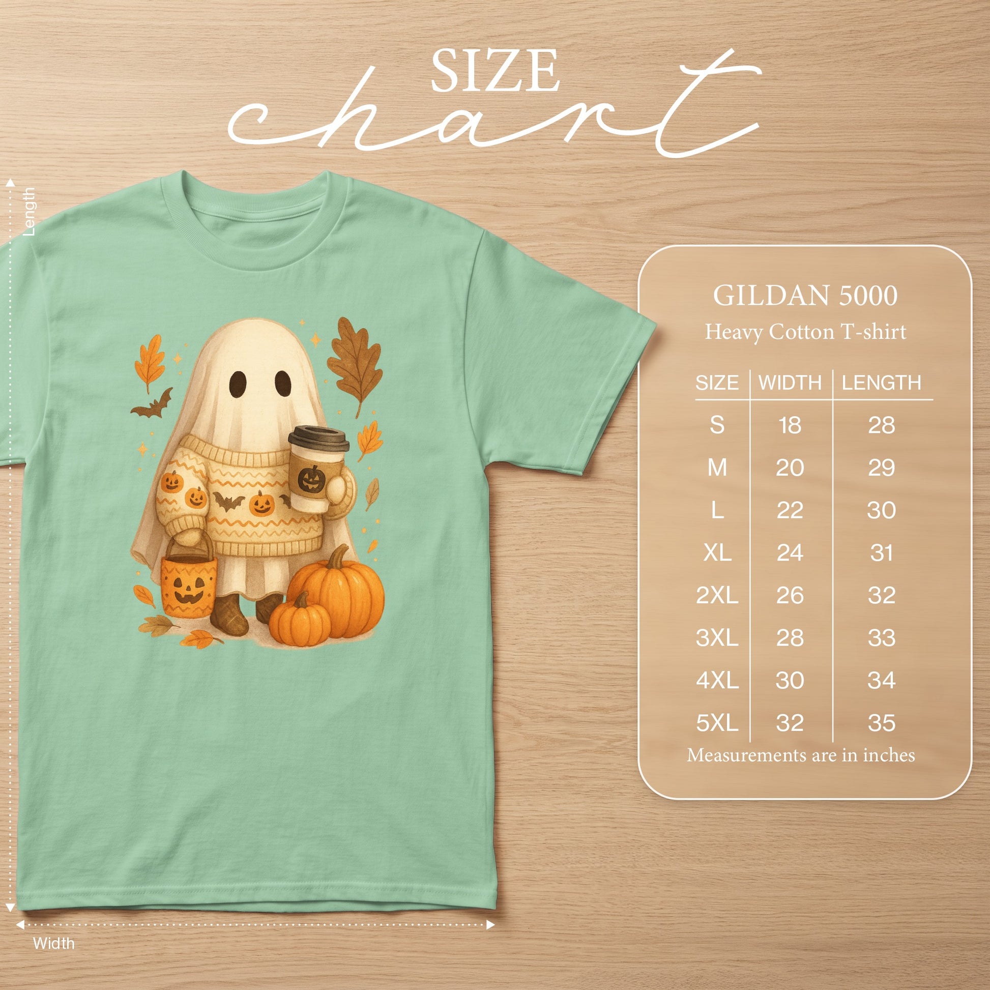 Size chart for Gildan 5000 Heavy Cotton T-shirt with ghost graphic.