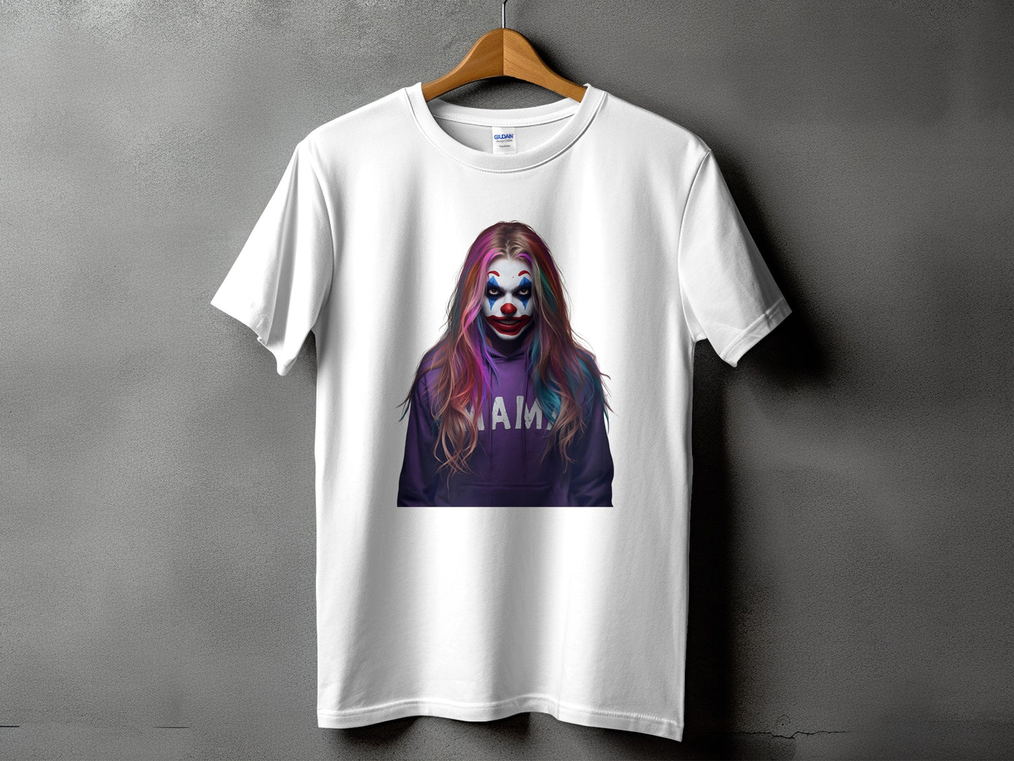 White t-shirt with graphic of a clown with colorful hair and text "MAMA"