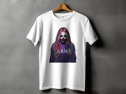 White t-shirt with graphic of a clown with colorful hair and text "MAMA"