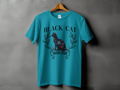 Teal t-shirt with galaxy cat and "Black Cat Social Club" text.