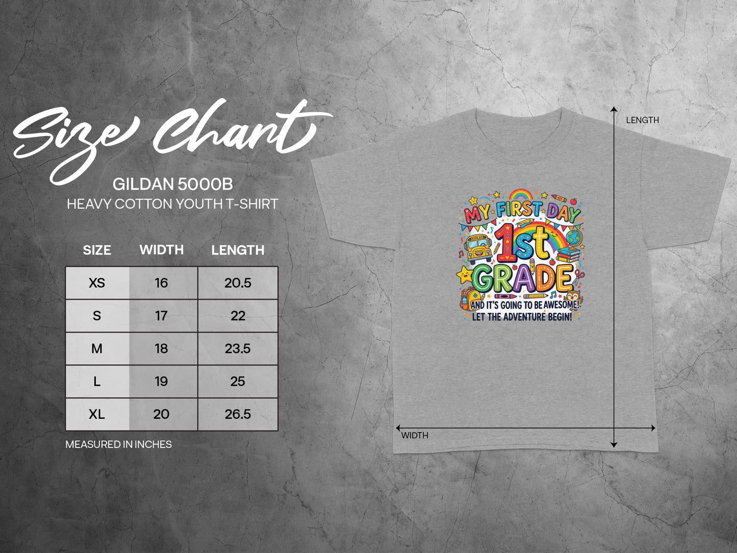 Gildan 5000B youth t-shirt size chart with first-day-of-grade graphic.