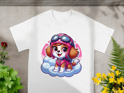 White t-shirt with cartoon Skye from Paw Patrol sitting on a cloud.