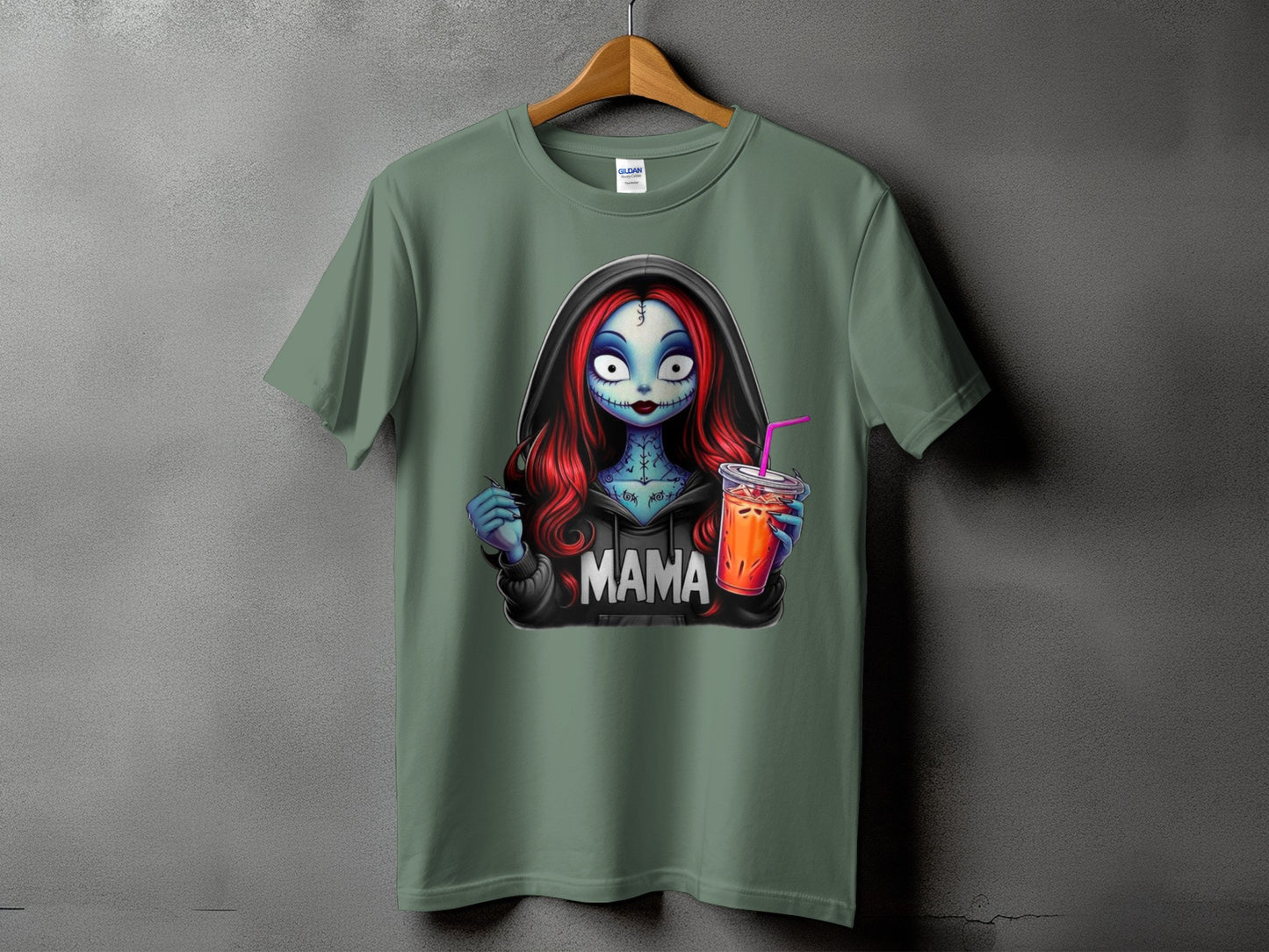 T-shirt with graphic of a character holding a drink with the word "MAMA" on it.
