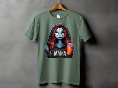 T-shirt with graphic of a character holding a drink with the word "MAMA" on it.