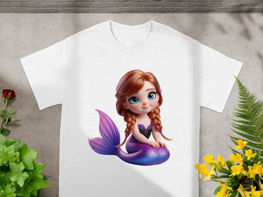 White t-shirt with cartoon mermaid with purple tail and blue eyes.