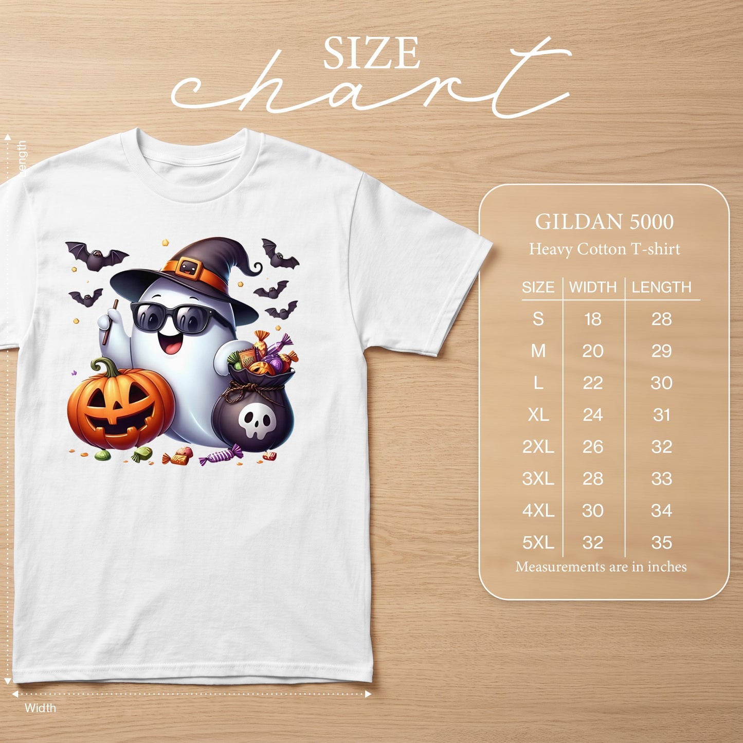 White t-shirt with Halloween ghost graphic, size chart for Gildan 5000 Heavy Cotton T-shirt.