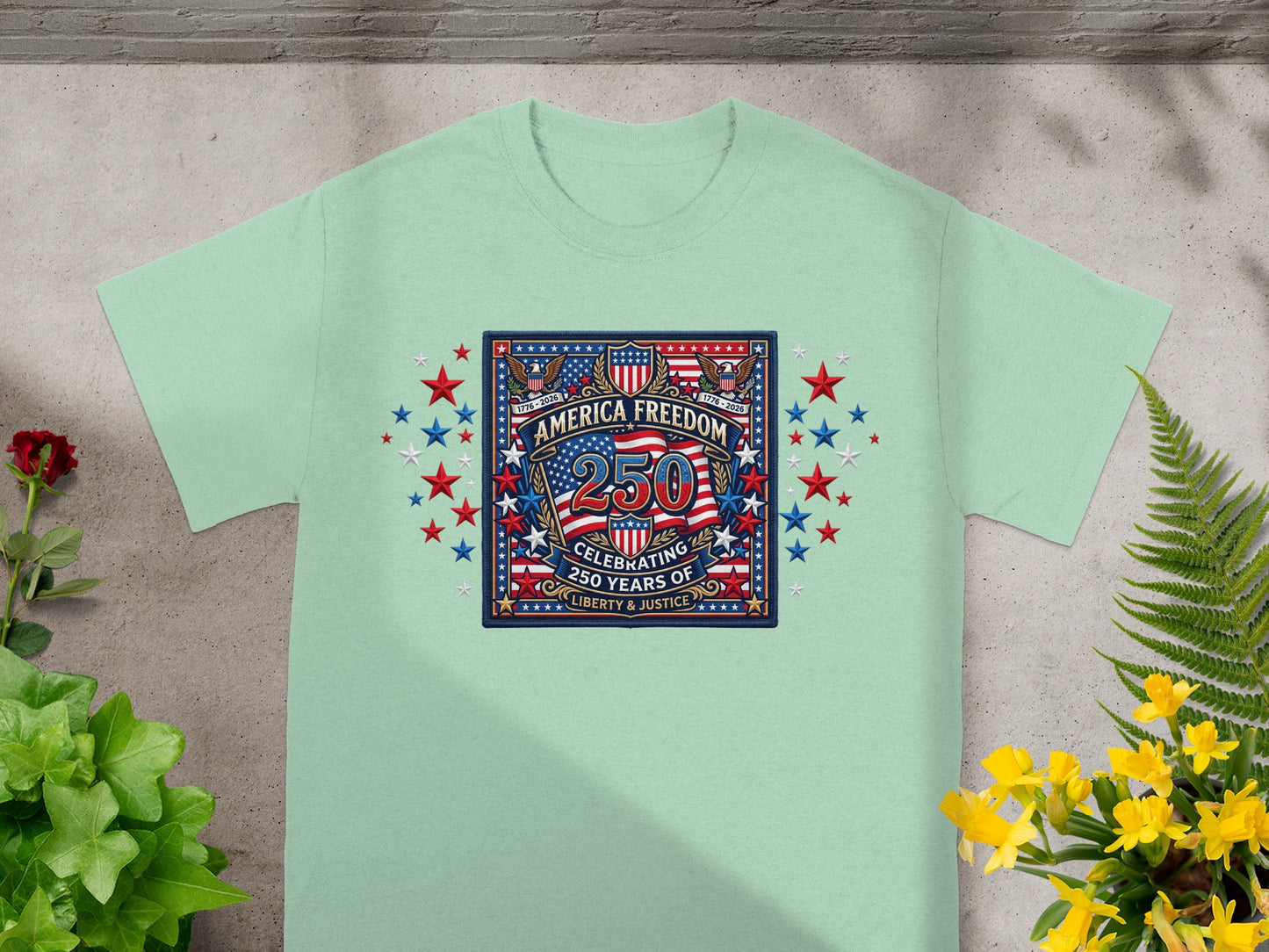 "America Freedom 250" shirt celebrating 250 years of liberty and justice.