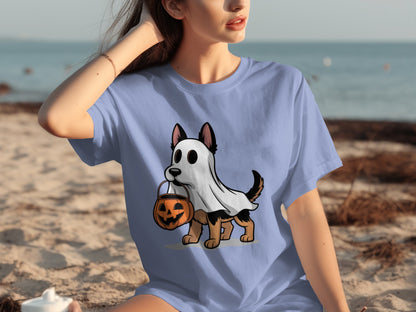 Cute Halloween Dog in Ghost Costume T-Shirt