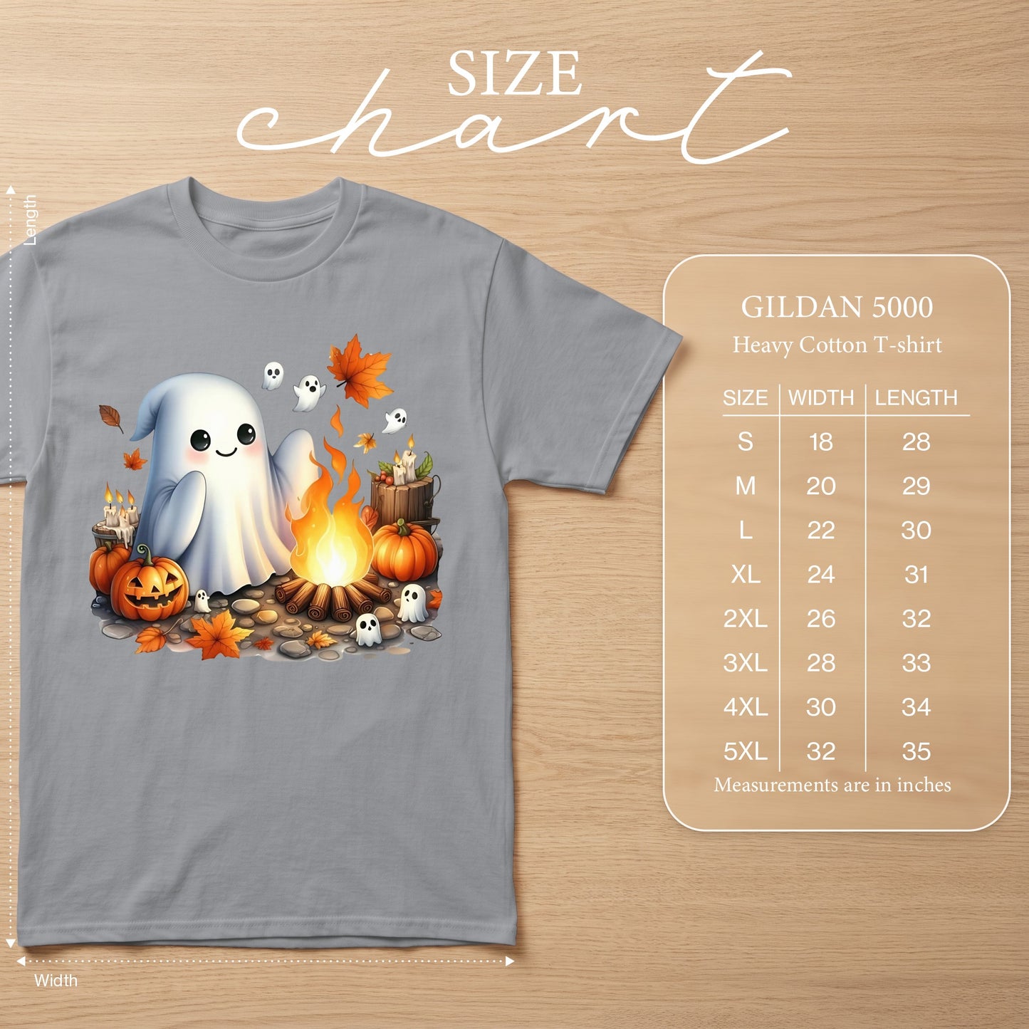 Gray t-shirt with a cute ghost by a campfire and size chart.