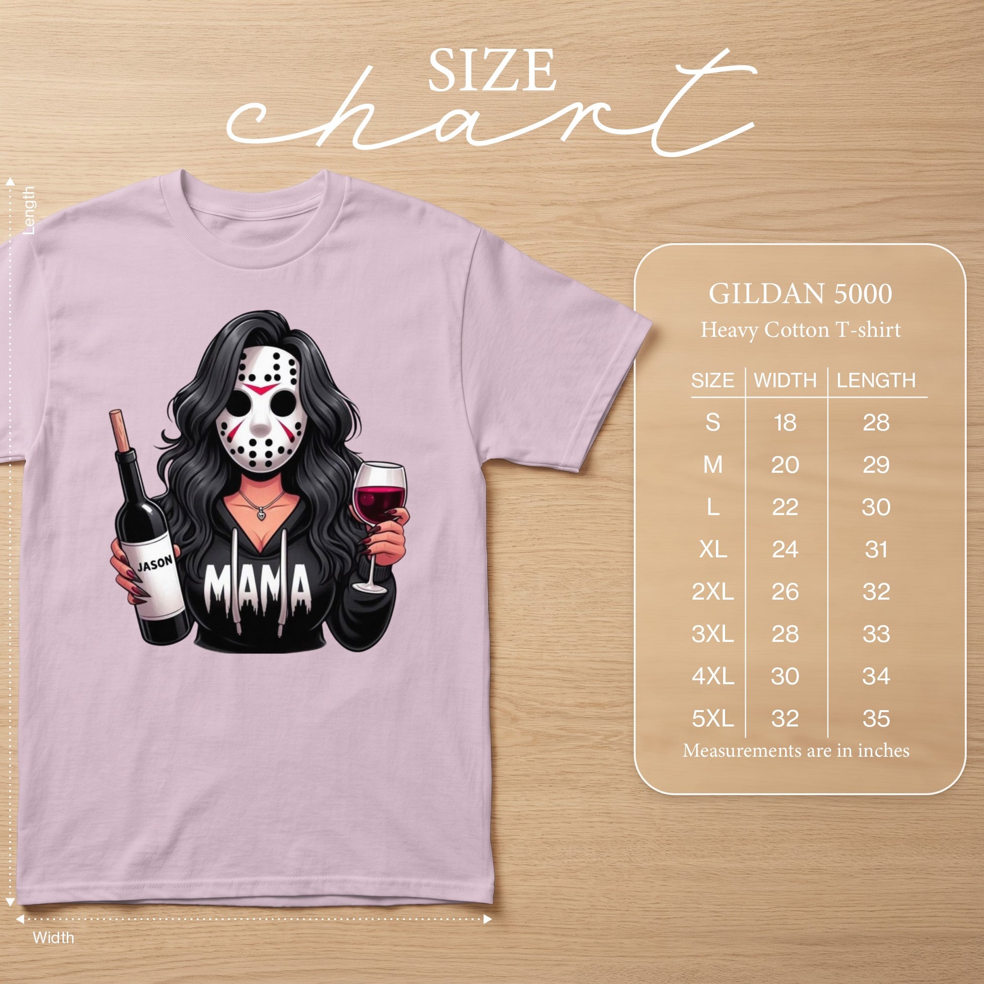 Pink t-shirt with graphic of a woman in a hockey mask holding wine and a bottle labeled "Jason". Includes size chart.
