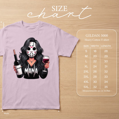 Pink t-shirt with graphic of a woman in a hockey mask holding wine and a bottle labeled "Jason". Includes size chart.