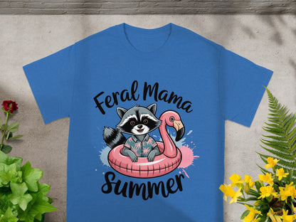 Feral Mama Summer Raccoon Floating Flamingo T-Shirt
