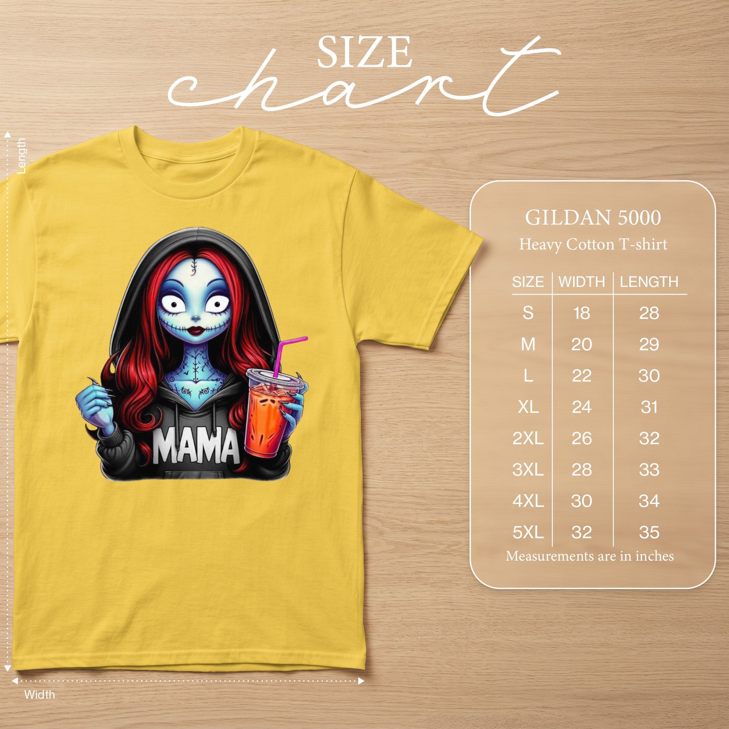 Yellow t-shirt with stitched cartoon character holding a drink and text "MAMA".