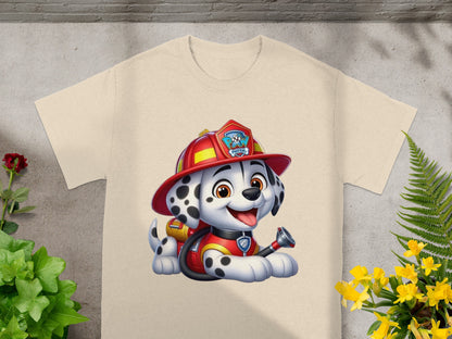 Marshall from Paw Patrol wearing a firefighter helmet and holding a hose.