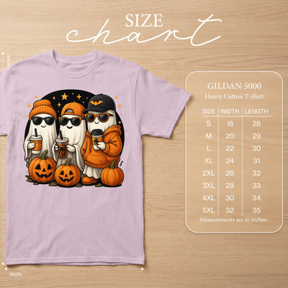 Gildan 5000 size chart with cartoon ghosts and pumpkins on a t-shirt.