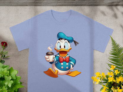 Donald Duck in sailor outfit holding a steaming coffee cup.