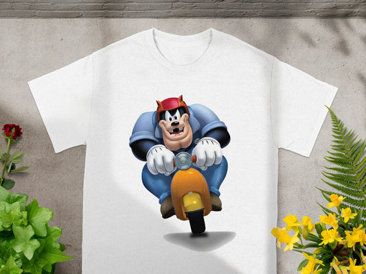 White t-shirt with cartoon character Goofy riding a scooter.