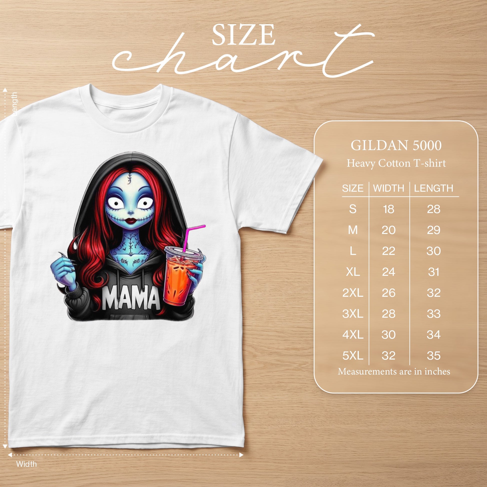 White t-shirt with "Mama" text and a cartoon character holding a drink, with size chart.