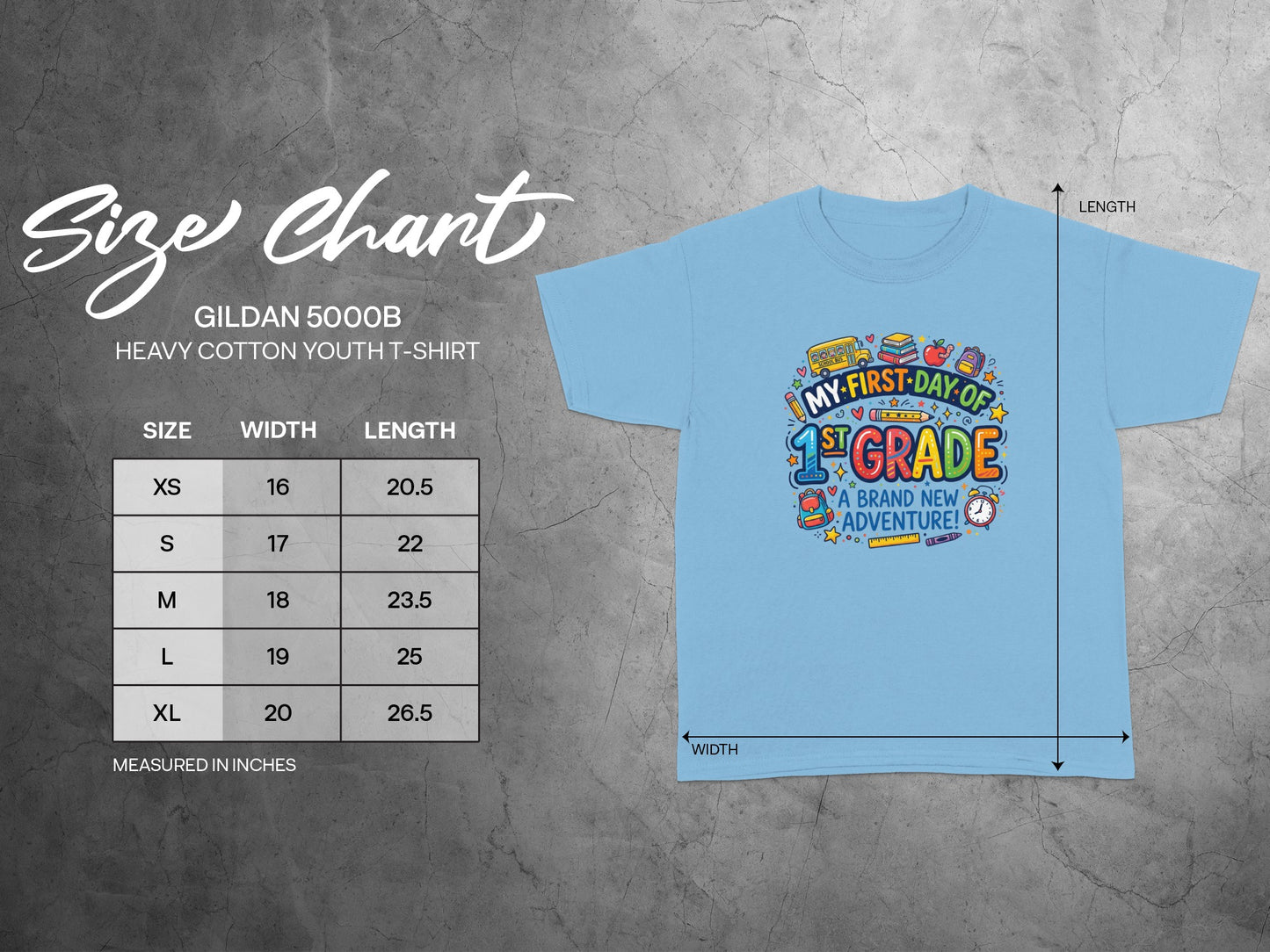 Gildan 5000B youth t-shirt size chart with width and length measurements.