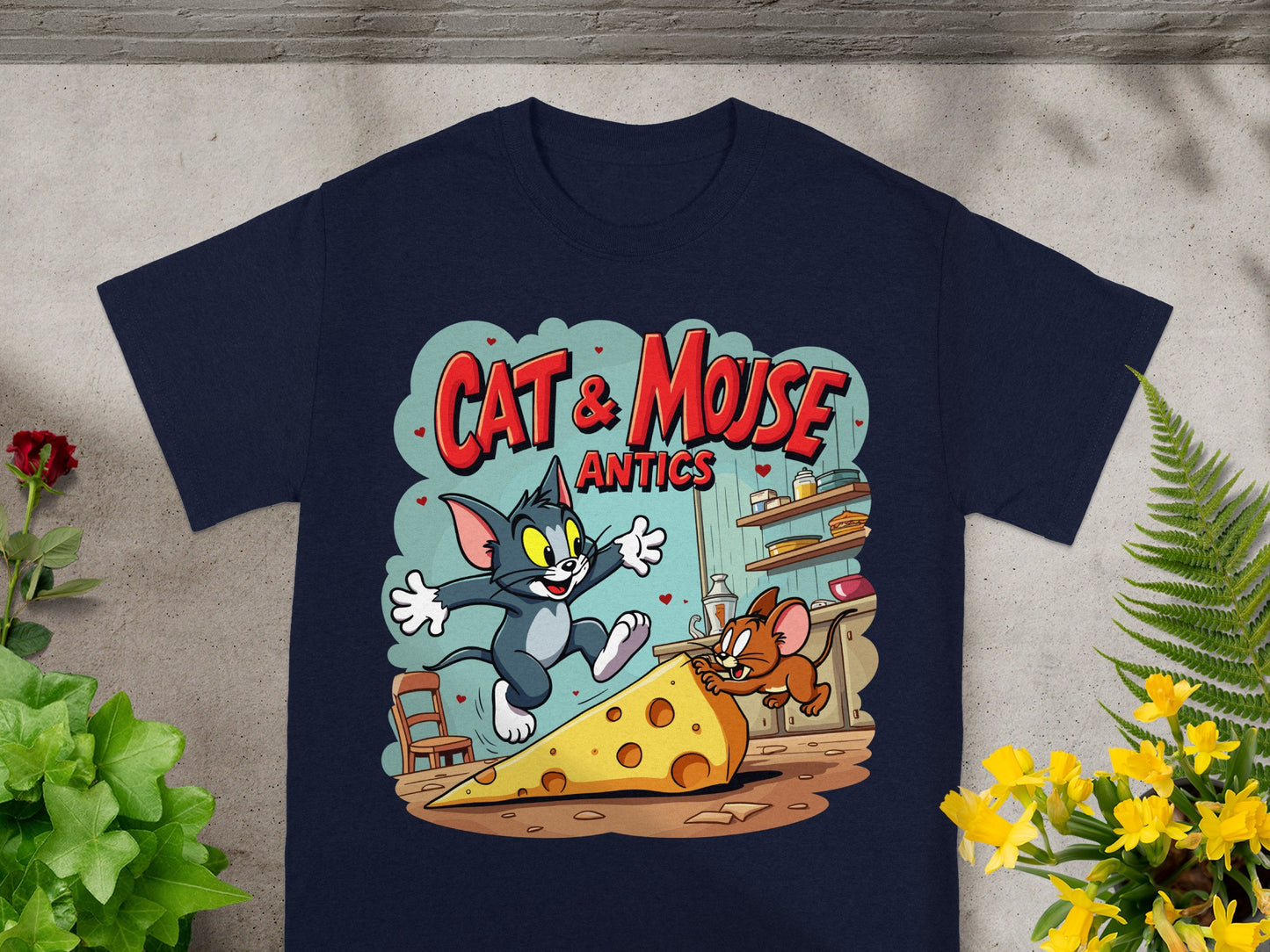 Tom and Jerry chasing cheese with "Cat & Mouse Antics" text.