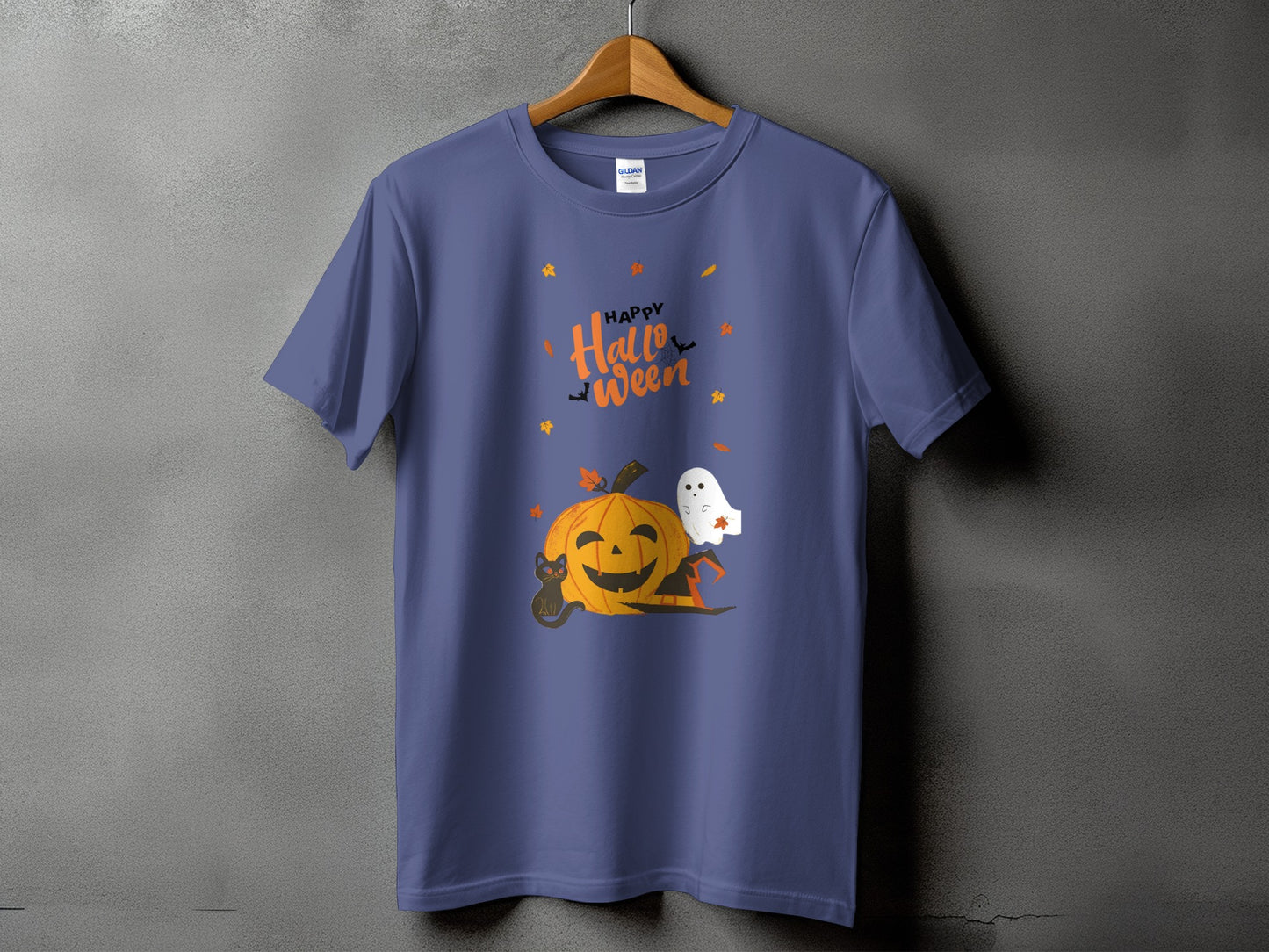 Purple t-shirt with "Happy Halloween" text, pumpkin, black cat, and ghost graphic.