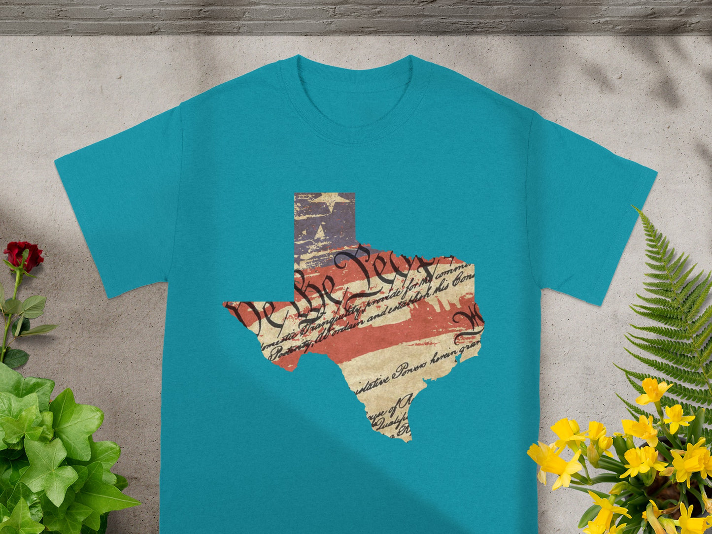 Texas map with faded US flag and "We the People" text.