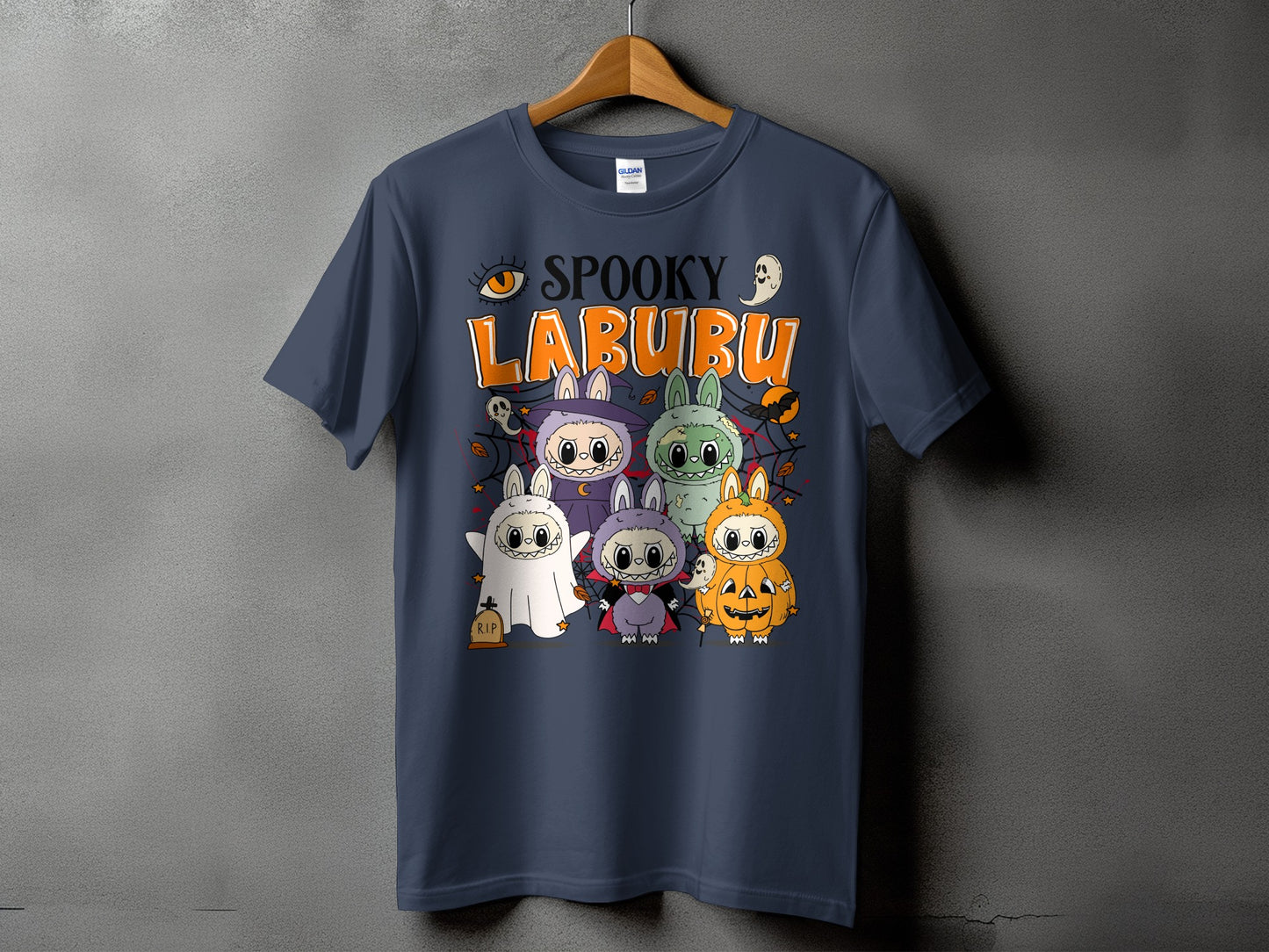 Spooky Labubu Halloween t-shirt with characters dressed as ghosts, vampires, and pumpkins.
