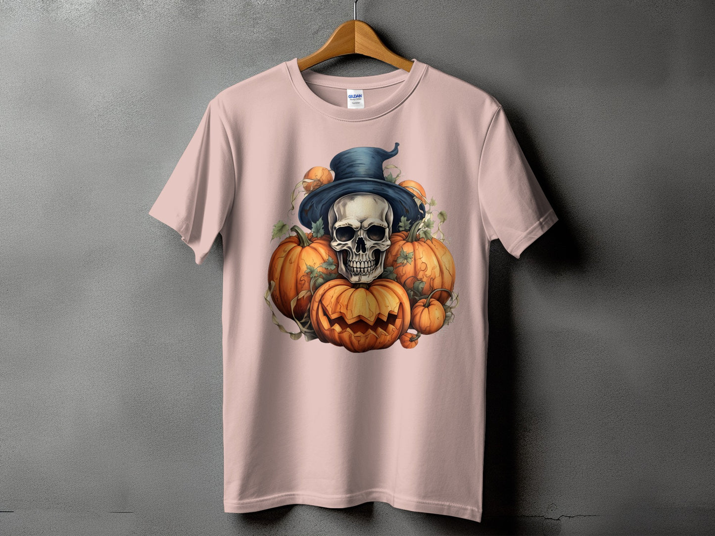 Skull wearing witch hat surrounded by jack-o'-lantern pumpkins and leaves.