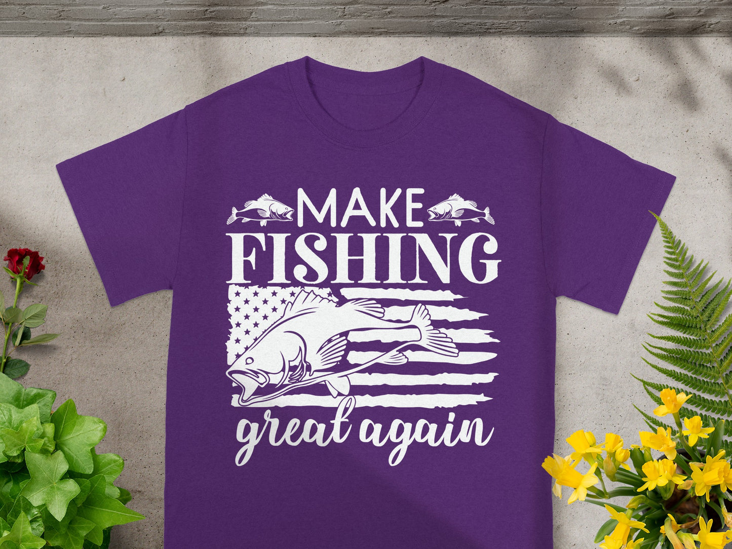 Purple t-shirt with "Make Fishing Great Again" text and a fish design.