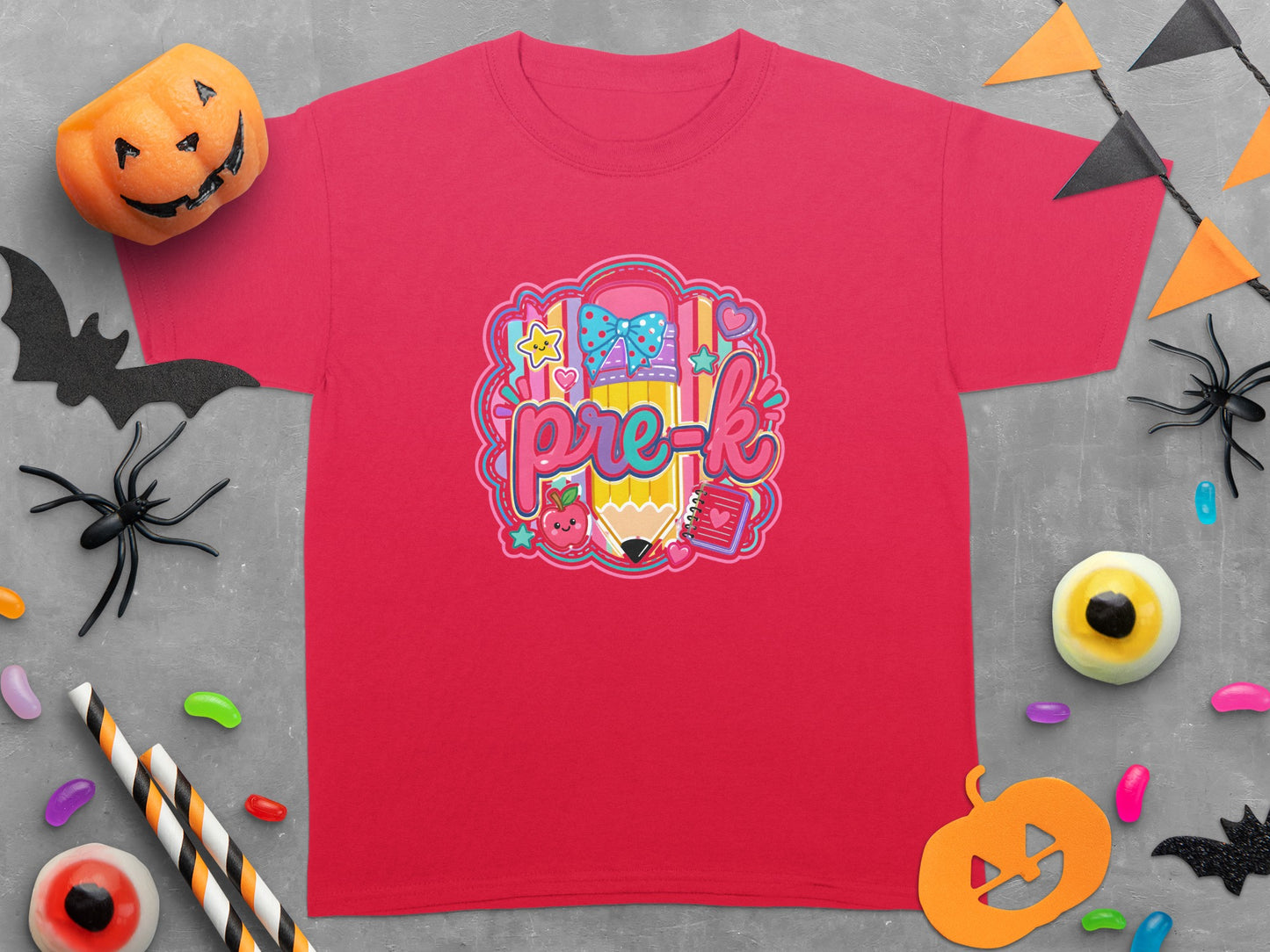 Red t-shirt with "pre-k" text, a pencil, and Halloween decorations.