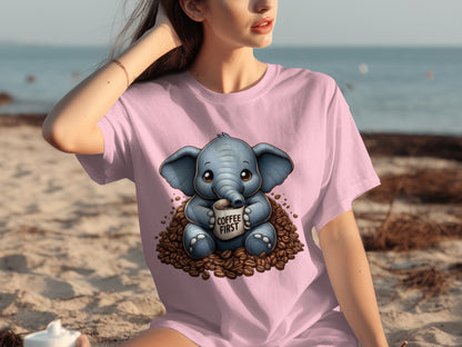 Adorable Elephant with Coffee First Shirt Design