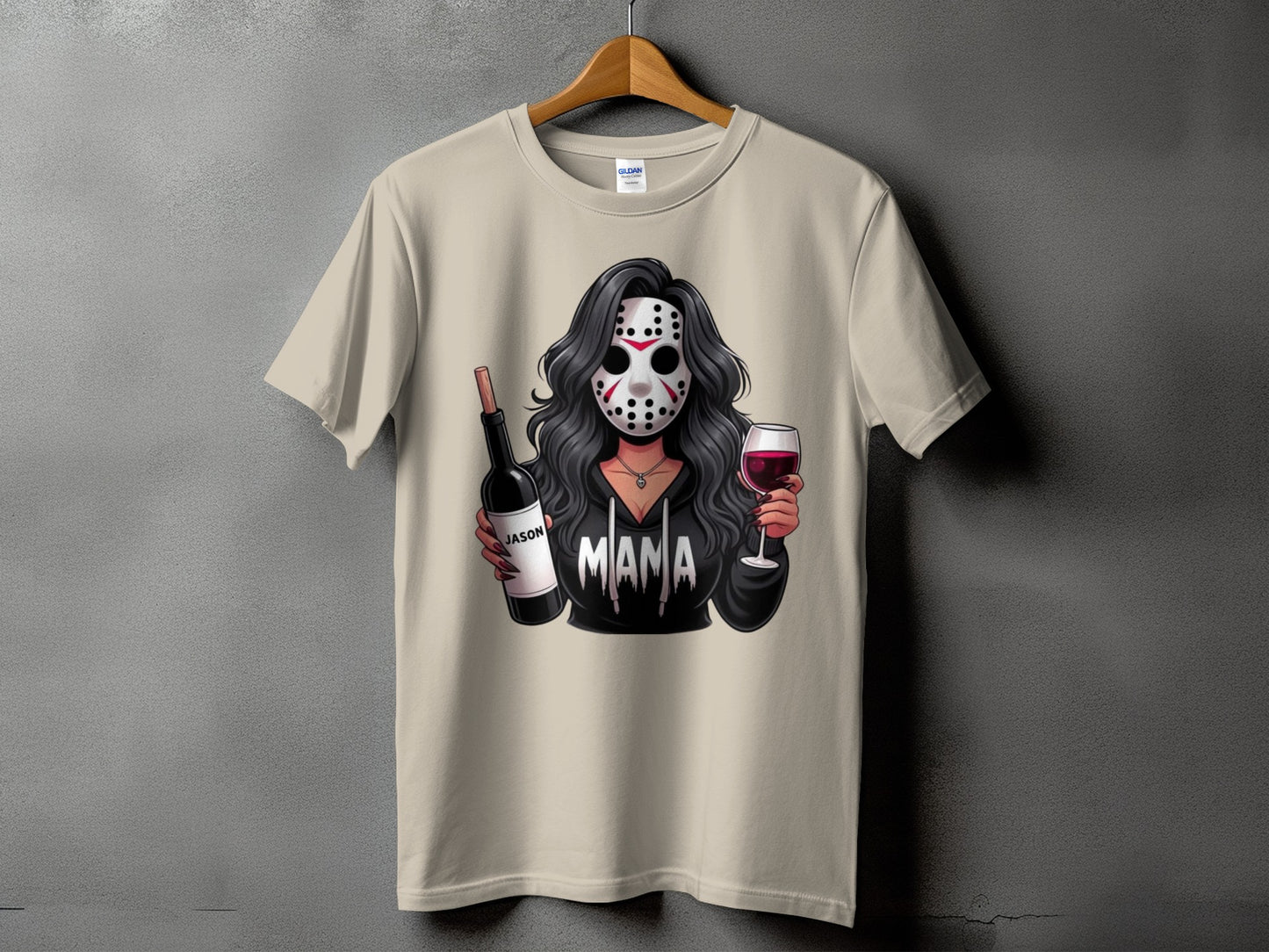 T-shirt graphic: woman in Jason mask holding wine bottle and glass, text "MAMA".