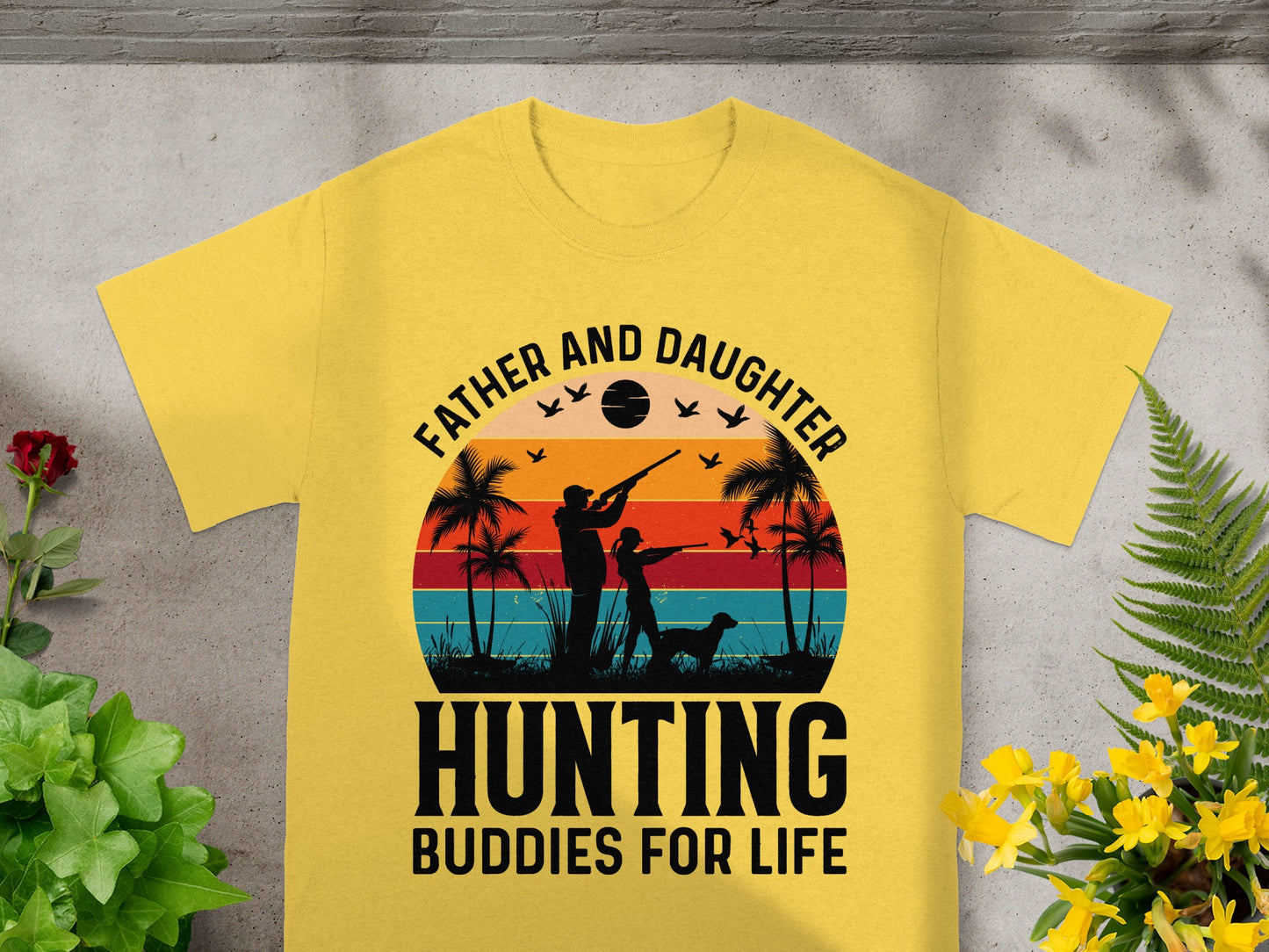 Yellow t-shirt with "Father and Daughter Hunting Buddies For Life" text and sunset hunting graphic.