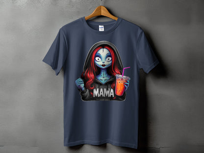 Dark blue t-shirt with a graphic of Sally from Nightmare Before Christmas holding a drink, text reads MAMA.