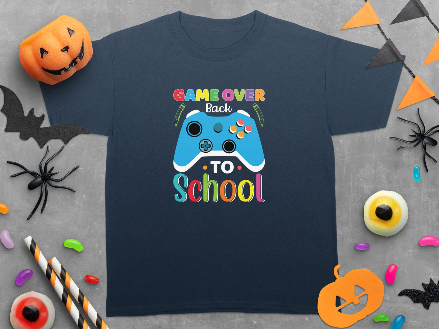 Dark blue t-shirt with "Game Over Back to School" text and blue controller graphic.